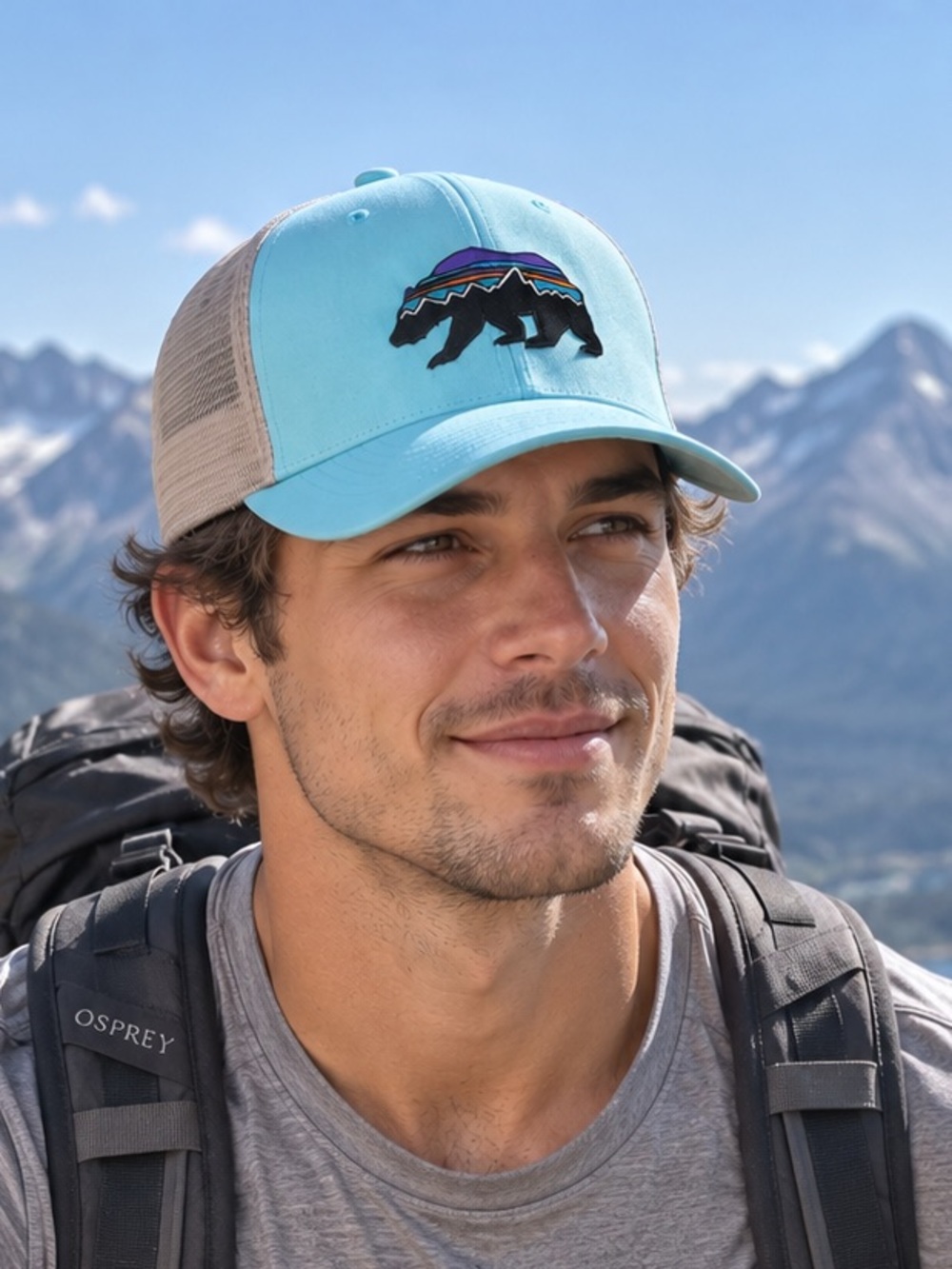 Patagonia Adjustable Trucker Hat with Bear Embroidery - Blue and Gray
